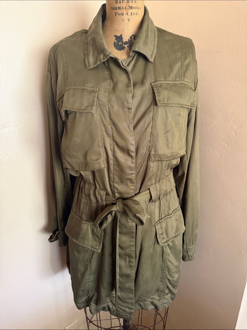 H&M LOGG Olive Green Belted Utility Safari Jacket Size 12